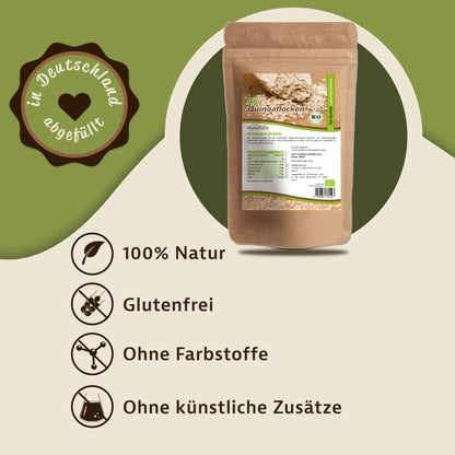 Produktabbildung von glutenfreien Quinoaflocken im Beutel, daneben Symbole für 100% Natur, ohne Farbstoffe und als vegane Zutaten fürs Kochen.