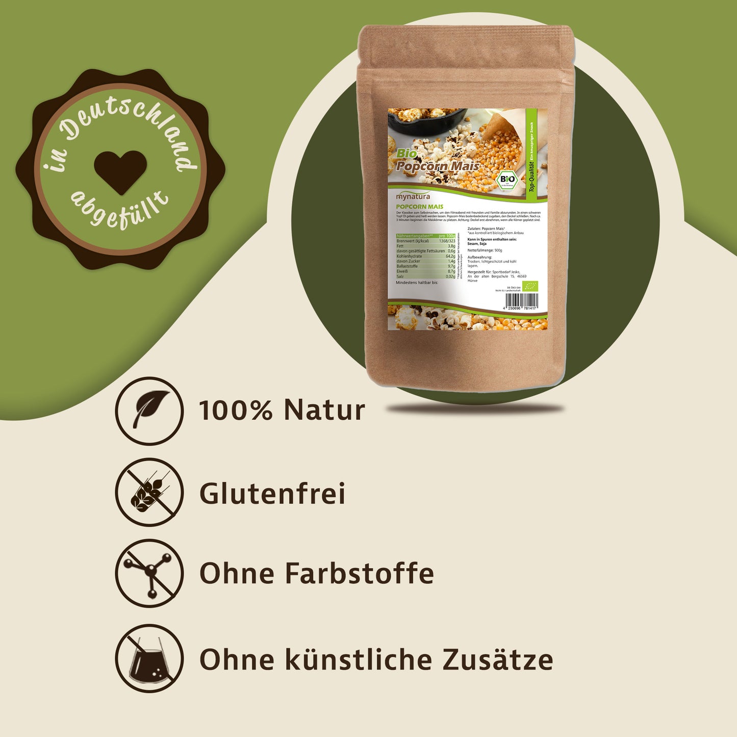Bio Popcornmais Beutel von Mynatura auf grünem Hintergrund, daneben Icons und Hinweise zu 100% Natur, glutenfrei, ohne Farbstoffe und ohne künstliche Zusätze.
