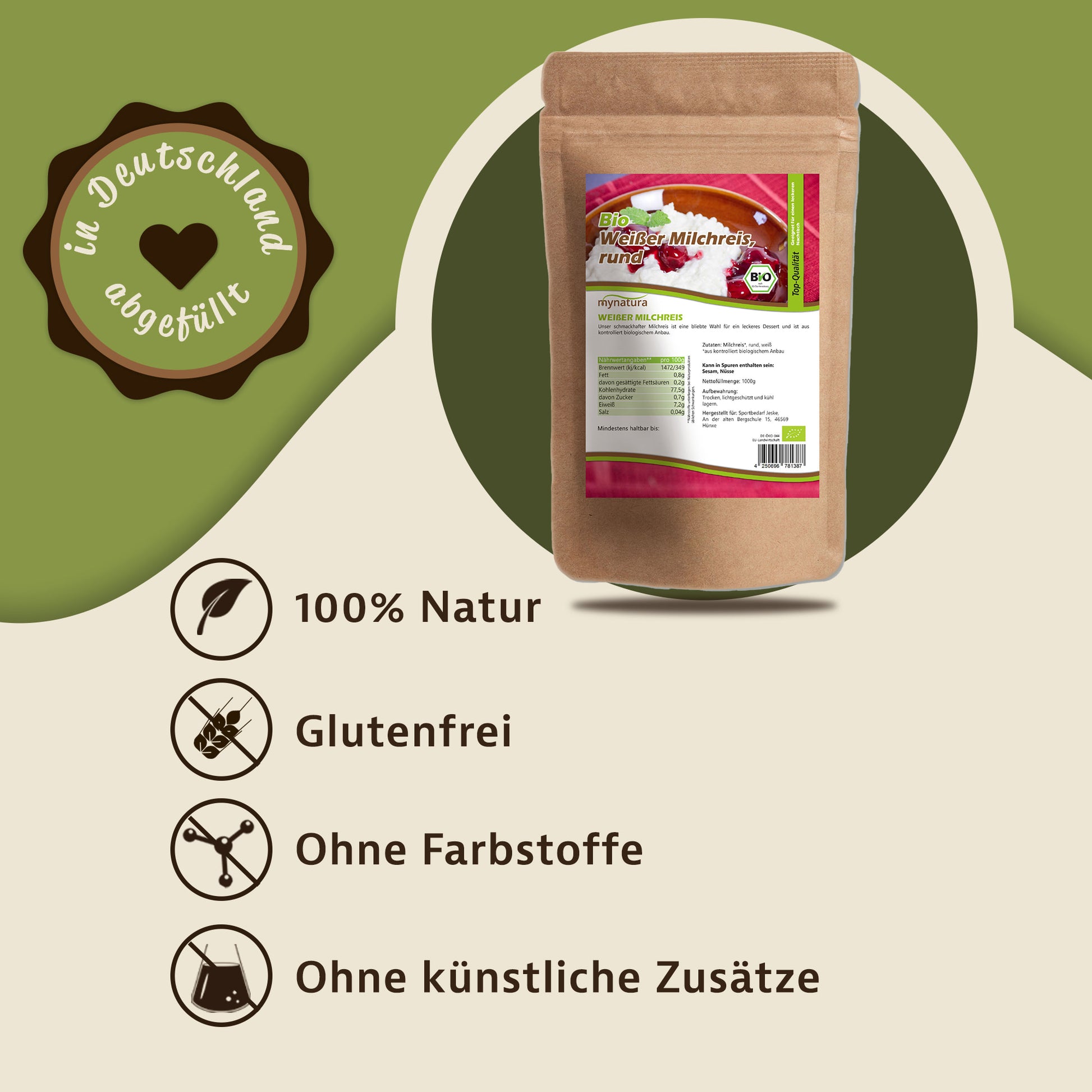 Mynatura Bio Milchreis Rundkornreis Beutel auf grafischem Hintergrund mit Icons zu 100% Natur, glutenfrei, ohne Farbstoffe und ohne künstliche Zusätze.