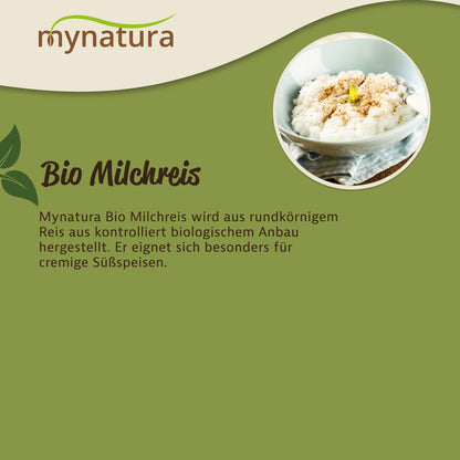Schale cremiger Milchreis als Süßspeise mit Zimt und Dekoration, daneben Text zu Mynatura Bio Rundkornreis für Desserts.