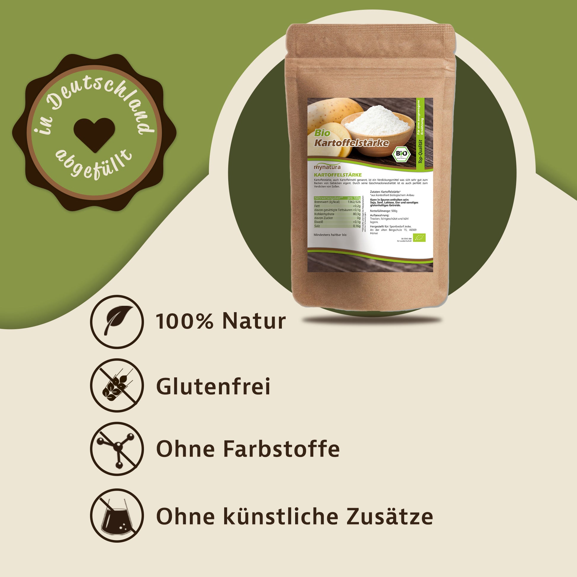 Mynatura Bio Kartoffelstärke Beutel auf grünem Hintergrund mit Icons für vegane, glutenfreie und farbstofffreie Stärke