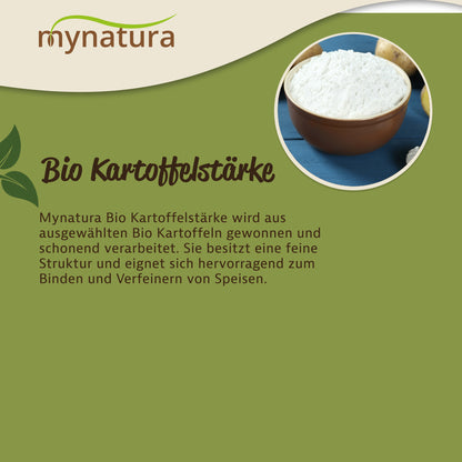 Schale mit weißer Kartoffelstärke auf blauem Untergrund, daneben Kartoffeln, Text zu veganer Bio Stärke zum Backen und Kochen