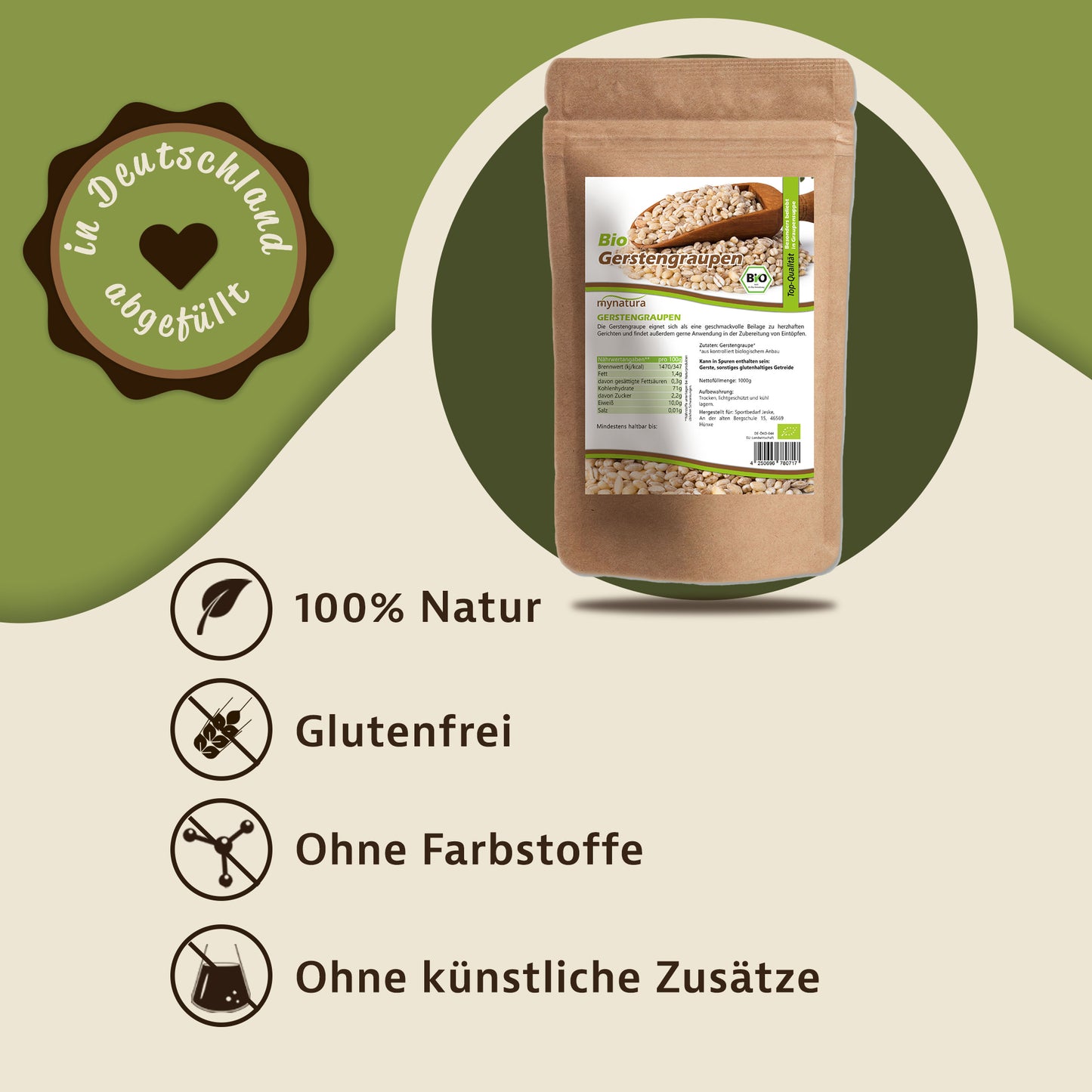Bio Gerstengraupen Beutel von Mynatura vor grünem Hintergrund, daneben Icons und Hinweise zu vegan, glutenfrei und ohne Zusatzstoffe.