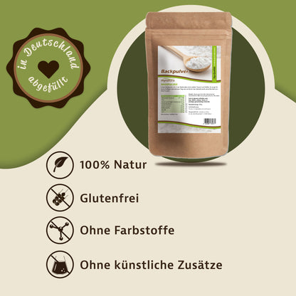 Beutel Mynatura Backpulver 250g auf grünem Hintergrund, daneben Symbole für 100% Natur, glutenfrei, ohne Farbstoffe und ohne künstliche Zusätze.