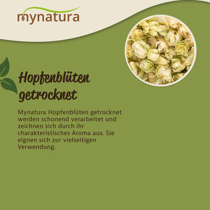 Nahaufnahme getrockneter hopfenblüten in einem runden Ausschnitt, daneben Text zu mynatura hopfenblüten getrocknet auf grün-beigem Hintergrund.