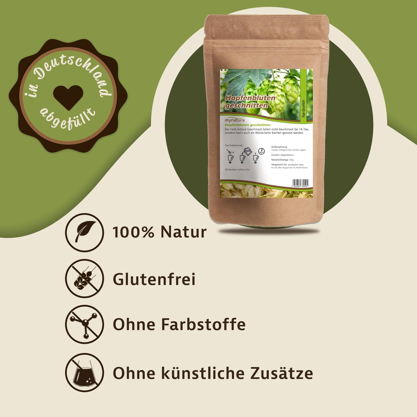 Hopfenblüten geschnitten 100g Beutel von Mynatura auf grünem Hintergrund, daneben Symbole für naturreine Qualität, glutenfrei, ohne Farbstoffe und ohne künstliche Zusätze.