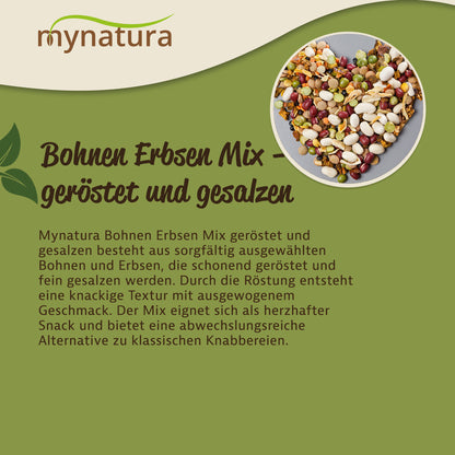 Schale mit buntem Bohnen-Erbsen-Mix, daneben Text zur Herstellung und Verwendung des veganen Snacks.