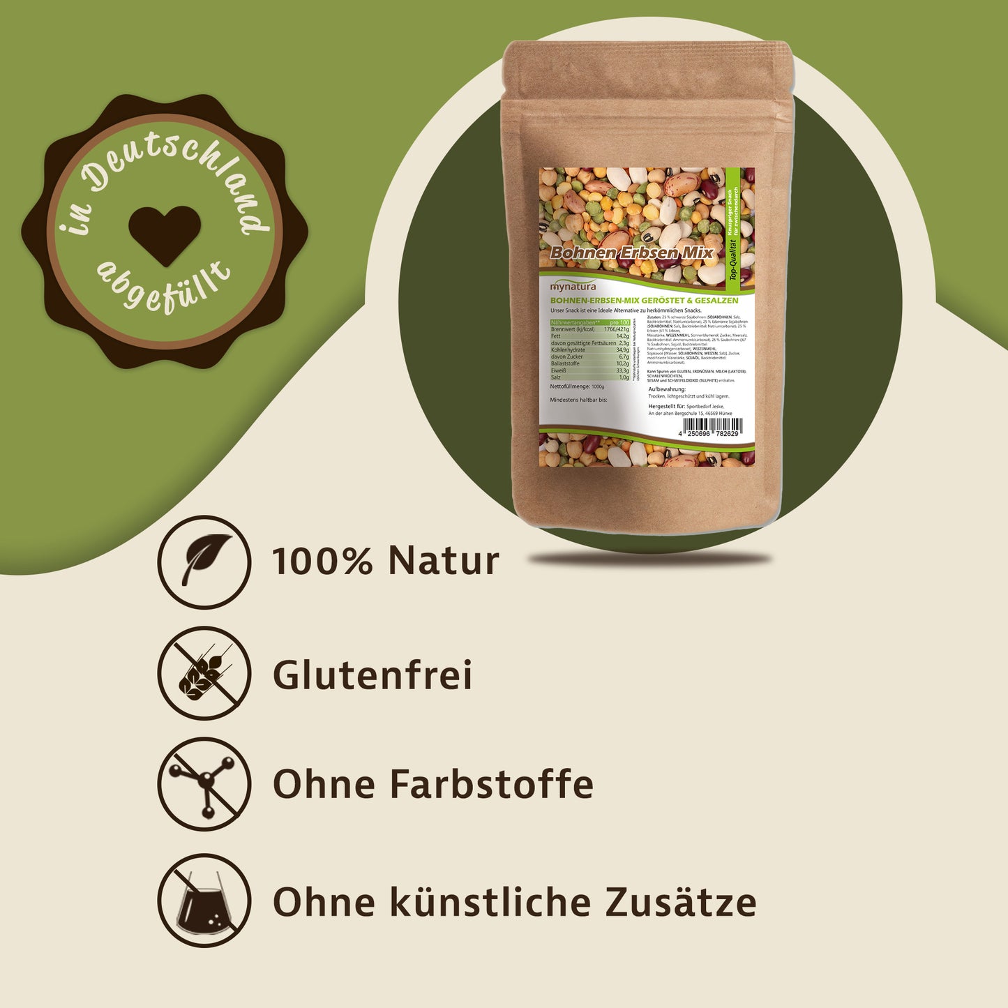 Beutel mit geröstetem Bohnen-Erbsen-Mix von Mynatura, daneben Icons und Hinweise auf natürliche, glutenfreie und zusatzstofffreie Snacks.