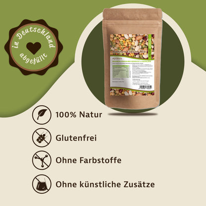 Beutel mit geröstetem Bohnen-Erbsen-Mix von Mynatura, daneben Icons und Hinweise auf natürliche, glutenfreie und zusatzstofffreie Snacks.