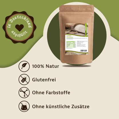 Beutel Trockenhefe kaufen von mynatura auf grünem Hintergrund, daneben Symbole für natürliche, glutenfreie und zusatzstofffreie Eigenschaften.