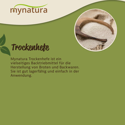 Nahaufnahme von Trockenhefe in einer Holzschaufel, daneben Text zur vielseitigen Verwendung der Hefe beim Backen von Brot und Gebäck.