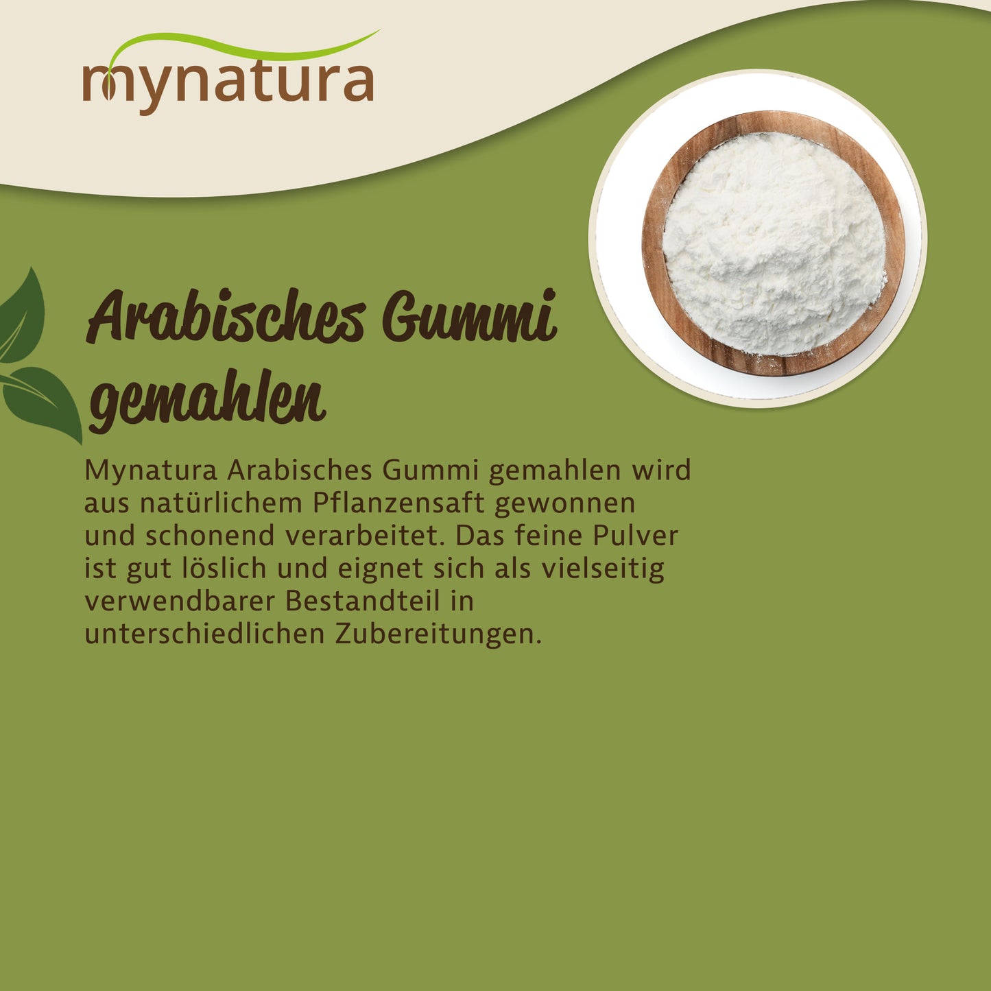 Schale mit weißem Pulver arabisches Gummi auf grünem Hintergrund, geeignet als vielseitiges Mehl für diverse Anwendungen beim Kochen.