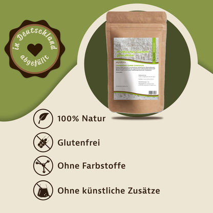 Beutel mit Etikett für arabisches Gummi als natürliches Verdickungsmittel, daneben Hinweise wie glutenfrei und ohne Farbstoffe, geeignet für Backen und Kochen.