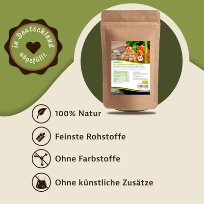 Beutel mynatura Bio Penne Weizen Vollkorn Nudeln auf grünem Hintergrund mit Symbolen für natürliche Zutaten und Hinweise zum Kochen und Backen.