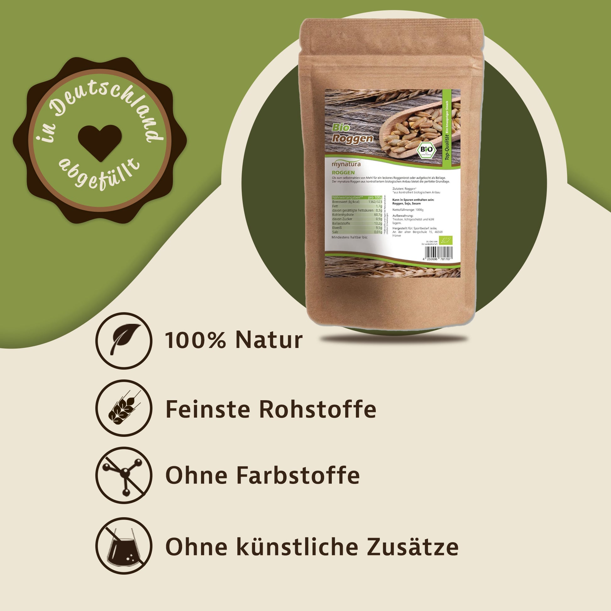 Produktbeutel Mynatura Bio Roggen vollkorn mittig auf grün-beigem Hintergrund, daneben Icons und Text zu vegan, natur und ohne Zusätze.