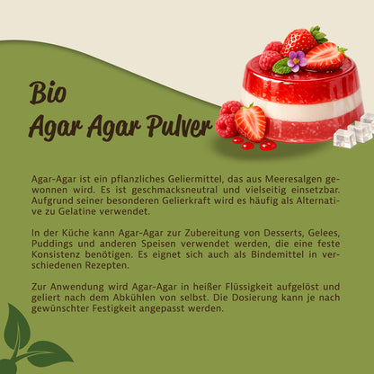 Illustration eines Desserts mit Erdbeeren und Himbeeren, daneben Text zur Verwendung von pflanzlichem Agar Agar Geliermittel als vegane Alternative zu Gelatine.
