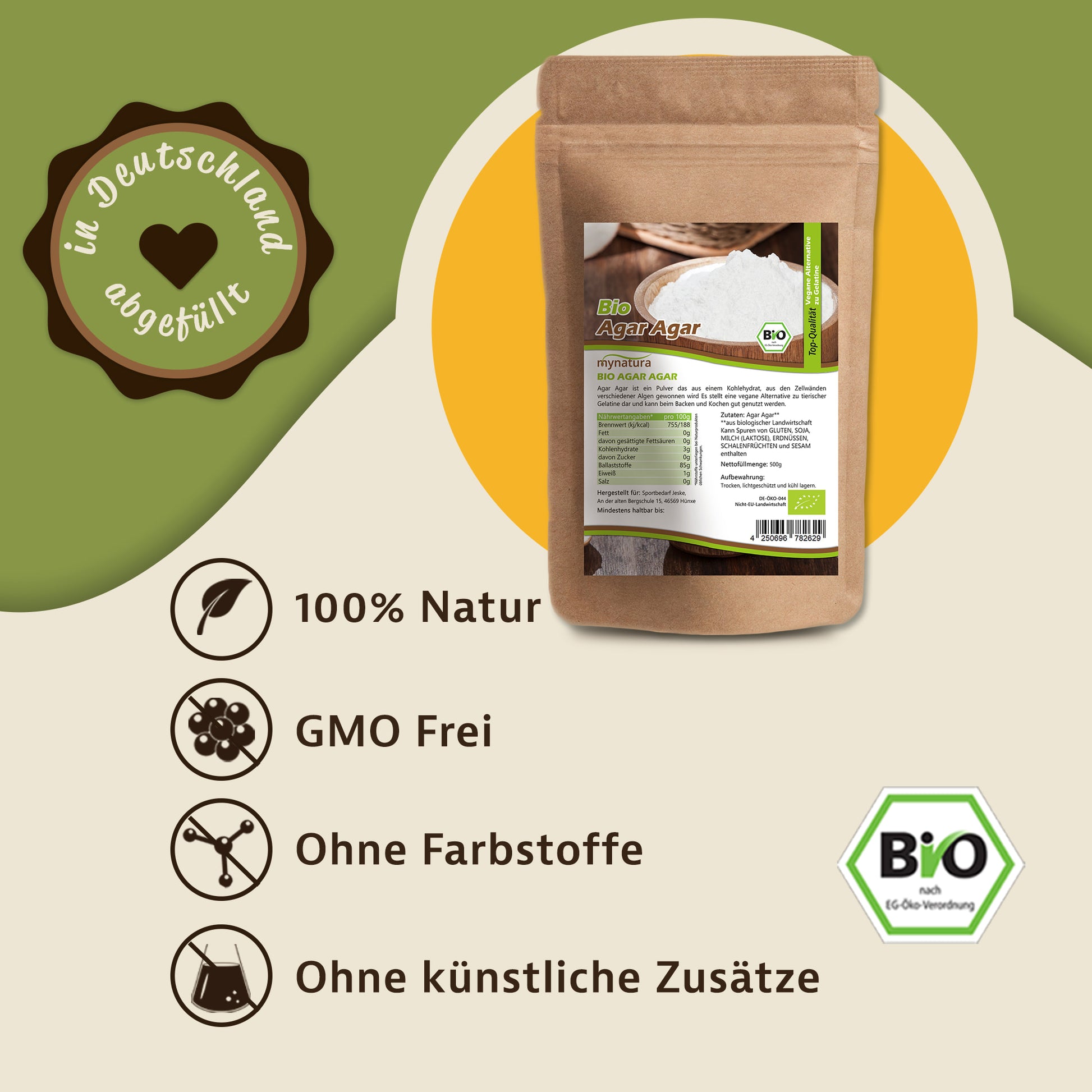 Agar Agar Pulver Beutel auf grün-beigem Hintergrund, daneben Icons und Hinweise zu 100% Natur, GMO-frei, ohne Farbstoffe und ohne künstliche Zusätze.