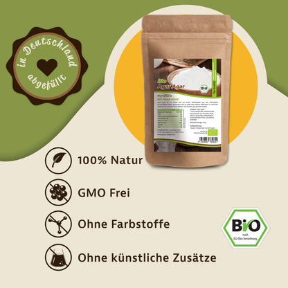Agar Agar Pulver Beutel auf grün-beigem Hintergrund, daneben Icons und Hinweise zu 100% Natur, GMO-frei, ohne Farbstoffe und ohne künstliche Zusätze.