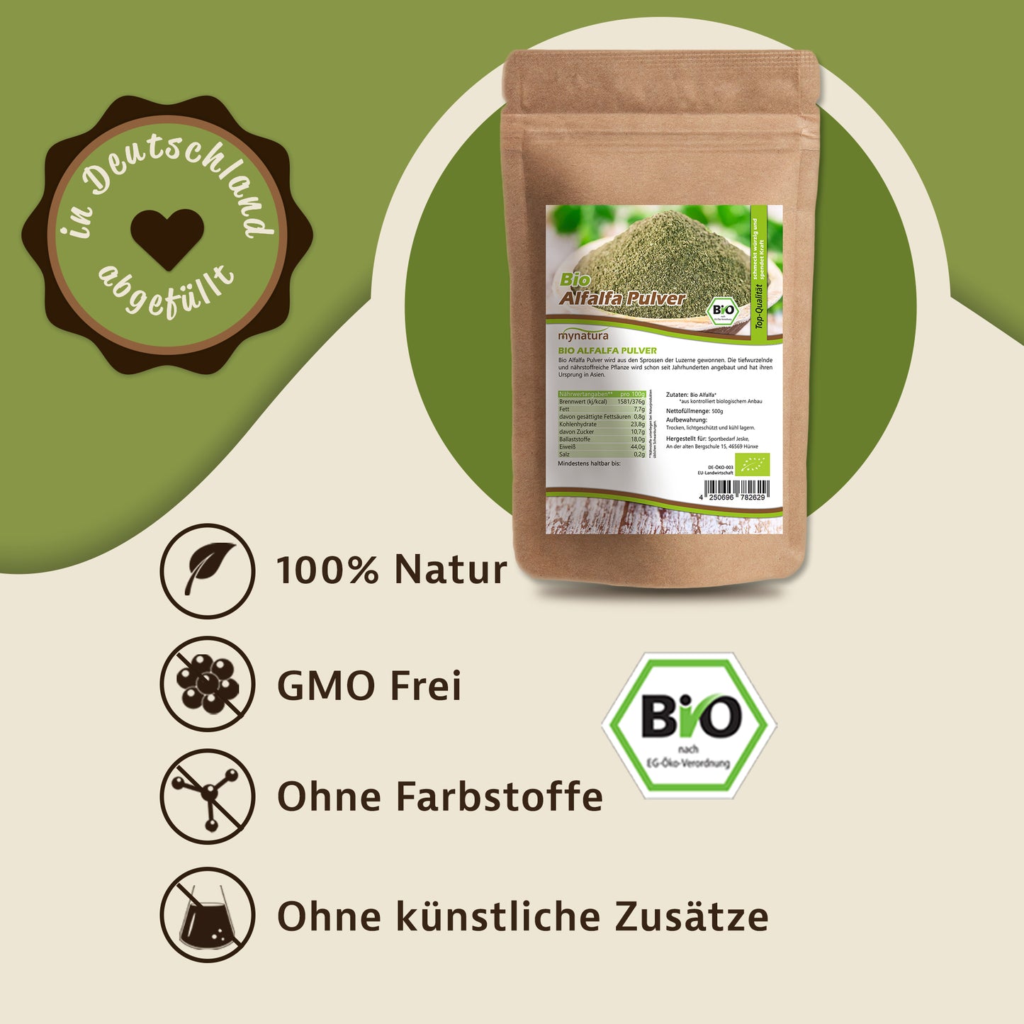Bio Alfalfa Pulver 500g von Mynatura im Beutel, dargestellt auf grünem Hintergrund mit Symbolen für natürliche und zusatzfreie Herstellung.