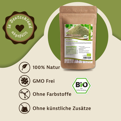 Bio Alfalfa Pulver 500g von Mynatura im Beutel, dargestellt auf grünem Hintergrund mit Symbolen für natürliche und zusatzfreie Herstellung.