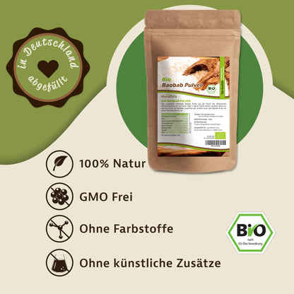Beutel Baobab Pulver von Mynatura auf grünem Hintergrund, daneben Symbole und Hinweise zu natürlichen Eigenschaften des Pulvers.