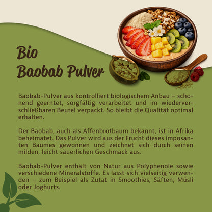 Schale mit Müsli, Obst und Baobabpulver, daneben Baobabfrucht und ein Löffel Baobab Pulver auf grün-beigem Hintergrund.