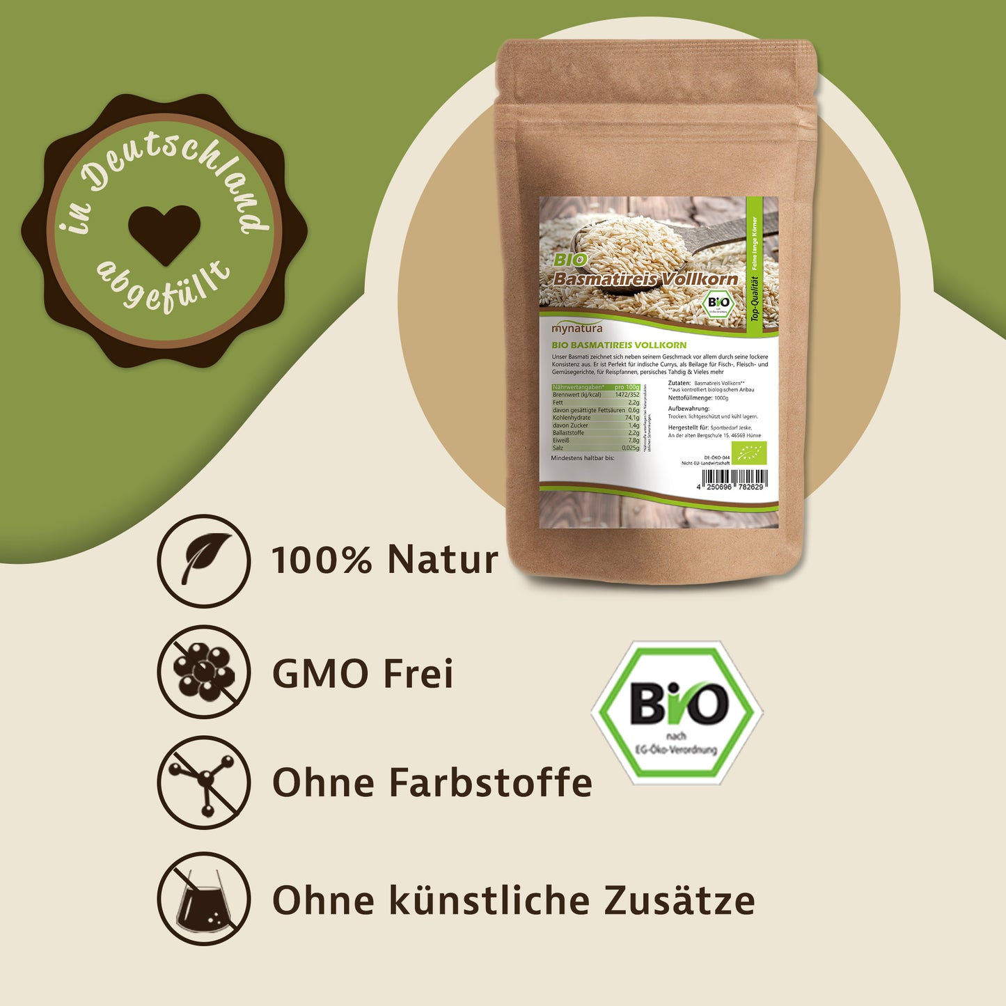 Beutel Bio Vollkorn Basmatireis von Mynatura auf beigem Hintergrund, daneben Symbole für vegan, ohne Farbstoffe und ohne künstliche Zusätze.