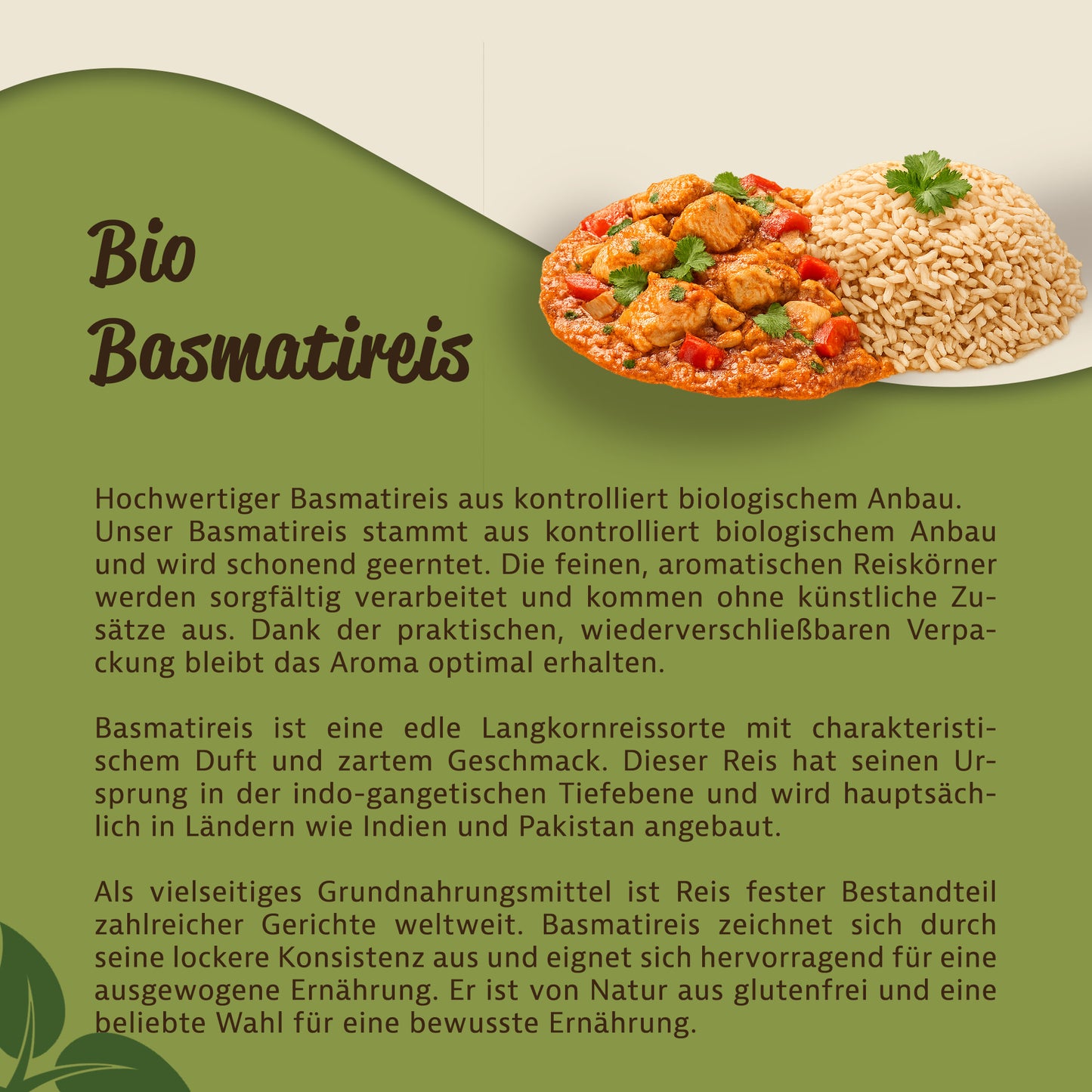Teller mit gekochtem aromatischem Basmatireis und veganem Currygericht, daneben Text zu Herkunft und Eigenschaften des Langkornreis.