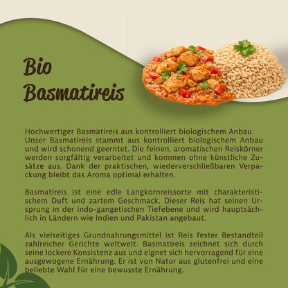 Teller mit gekochtem aromatischem Basmatireis und veganem Currygericht, daneben Text zu Herkunft und Eigenschaften des Langkornreis.