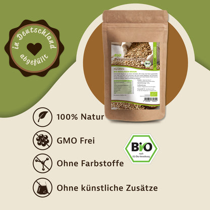 Beutel Mynatura Bio Berglinsen braun mit Etikett, daneben Hinweise zu natürlichen Eigenschaften der Linsen und Bio-Siegel auf beigem Hintergrund.