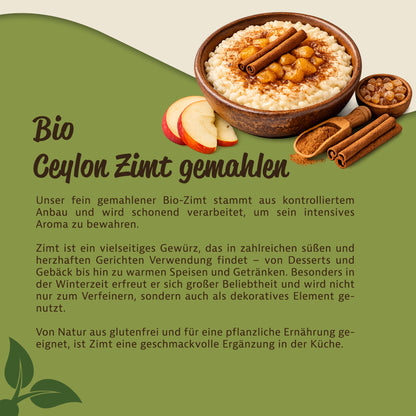 Schale mit Milchreis, bestreut mit feinem Zimt Gewürz und dekoriert mit Zimtstangen, daneben Apfelscheiben und etwas Zimtpulver.