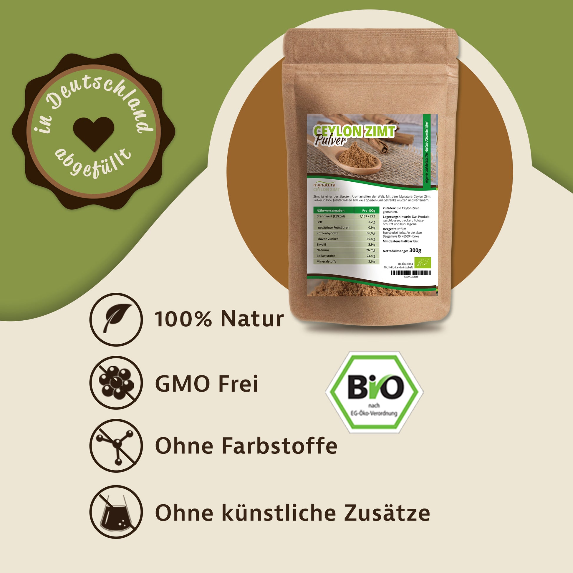Beutel Mynatura Ceylon Zimt Pulver 300g auf grünem Hintergrund, daneben Icons für 100% Natur, GMO frei, ohne Farbstoffe und ohne künstliche Zusätze.