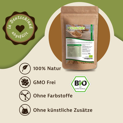 Beutel Mynatura Ceylon Zimt Pulver 300g auf grünem Hintergrund, daneben Icons für 100% Natur, GMO frei, ohne Farbstoffe und ohne künstliche Zusätze.
