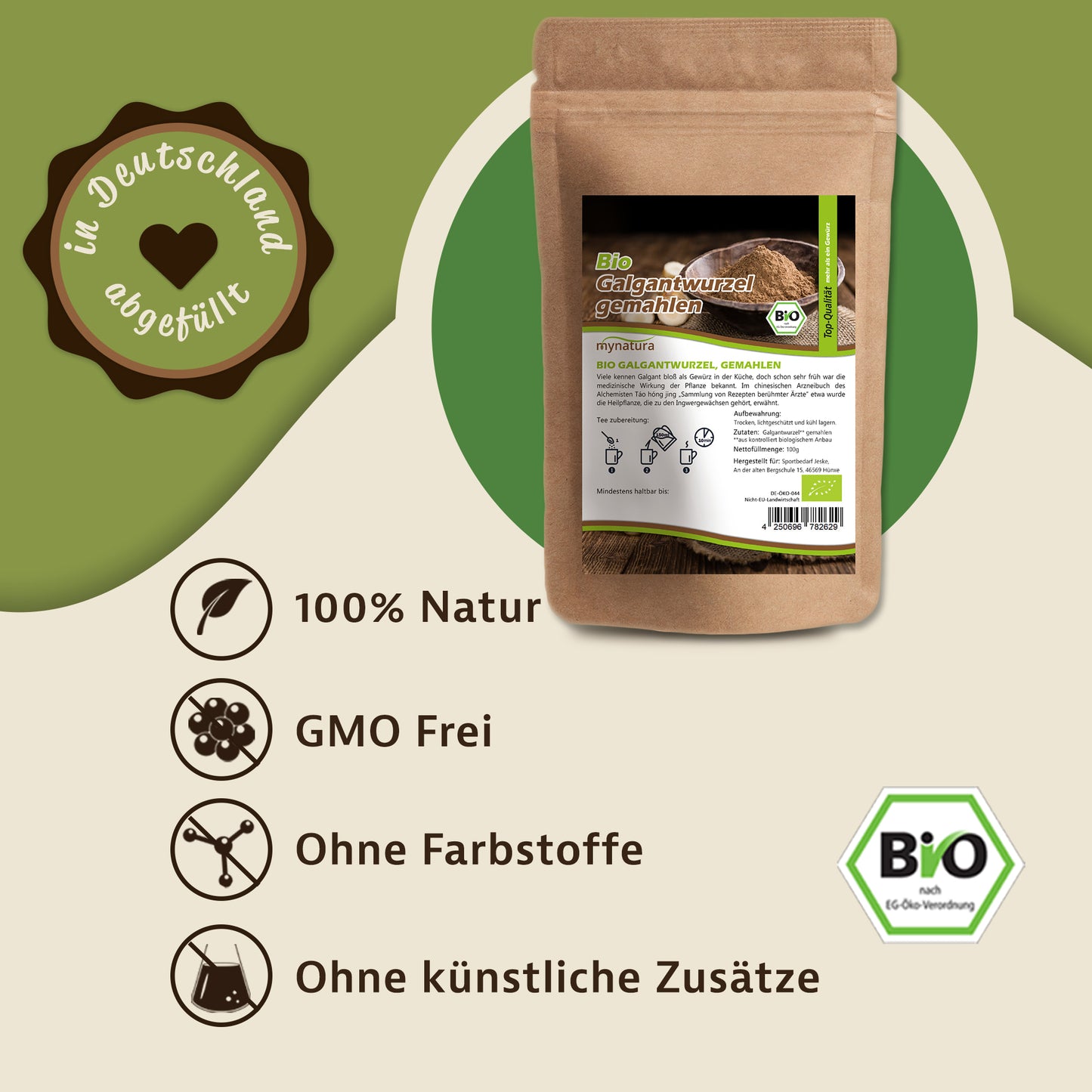 Beutel Mynatura galgantwurzel gemahlen auf grünem Hintergrund, daneben Icons und Text zu natürlichen Eigenschaften des Produkts.