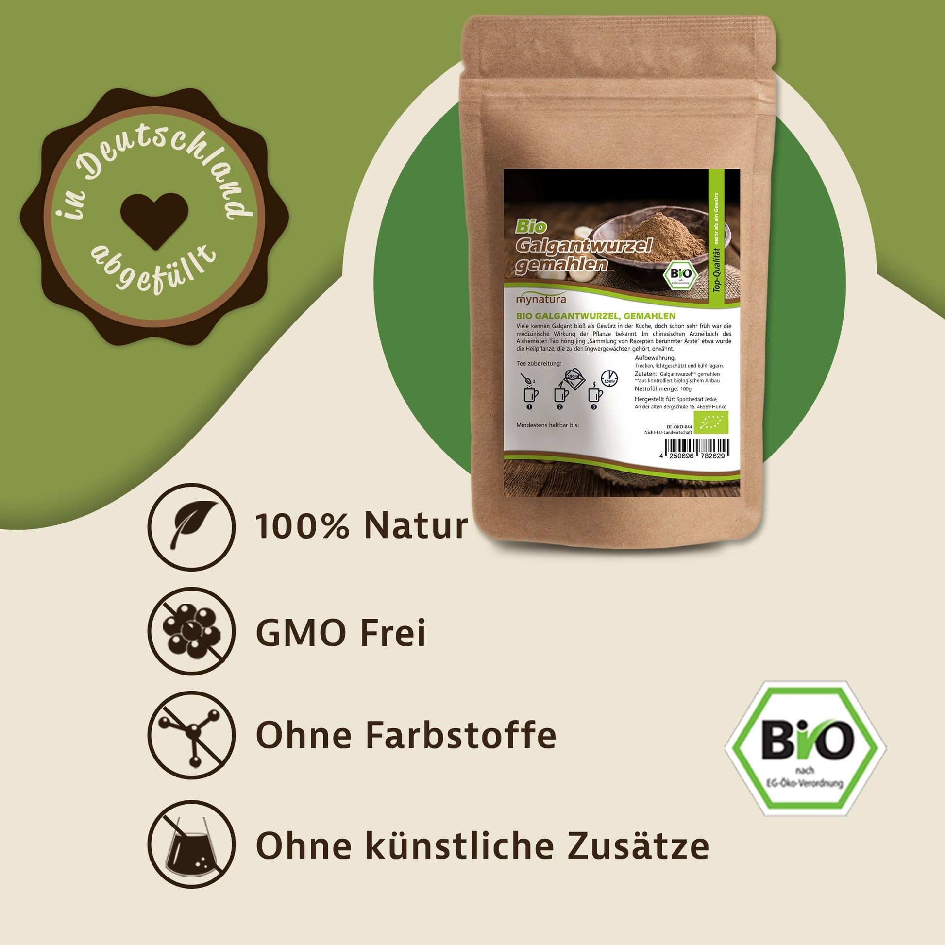 Beutel Mynatura galgantwurzel gemahlen auf grünem Hintergrund, daneben Icons und Text zu natürlichen Eigenschaften des Produkts.