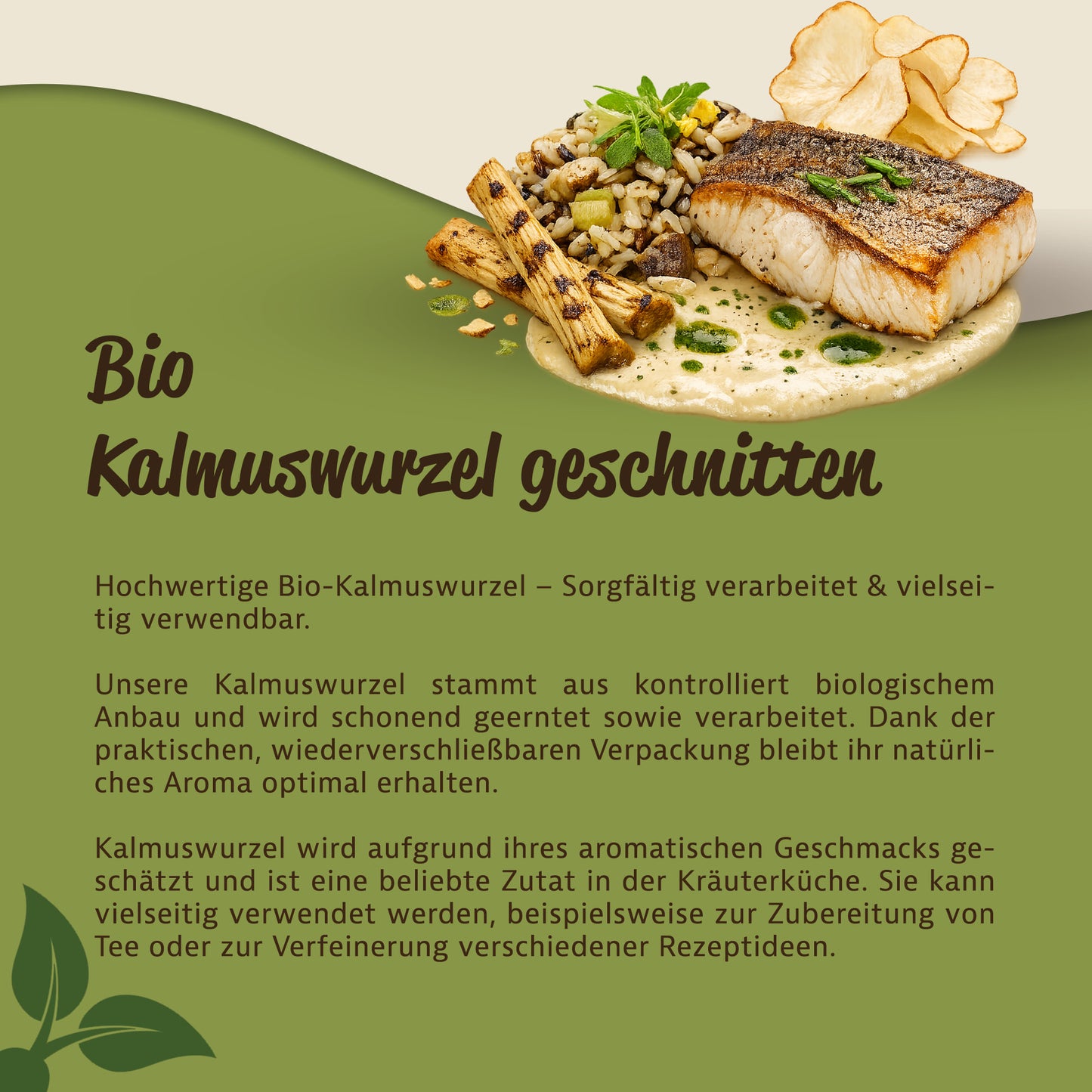 Serviervorschlag mit gebratenem Fisch, Reis, Gemüse und geschnittener Kalmuswurzel auf heller Soße, dekorativ angerichtet.