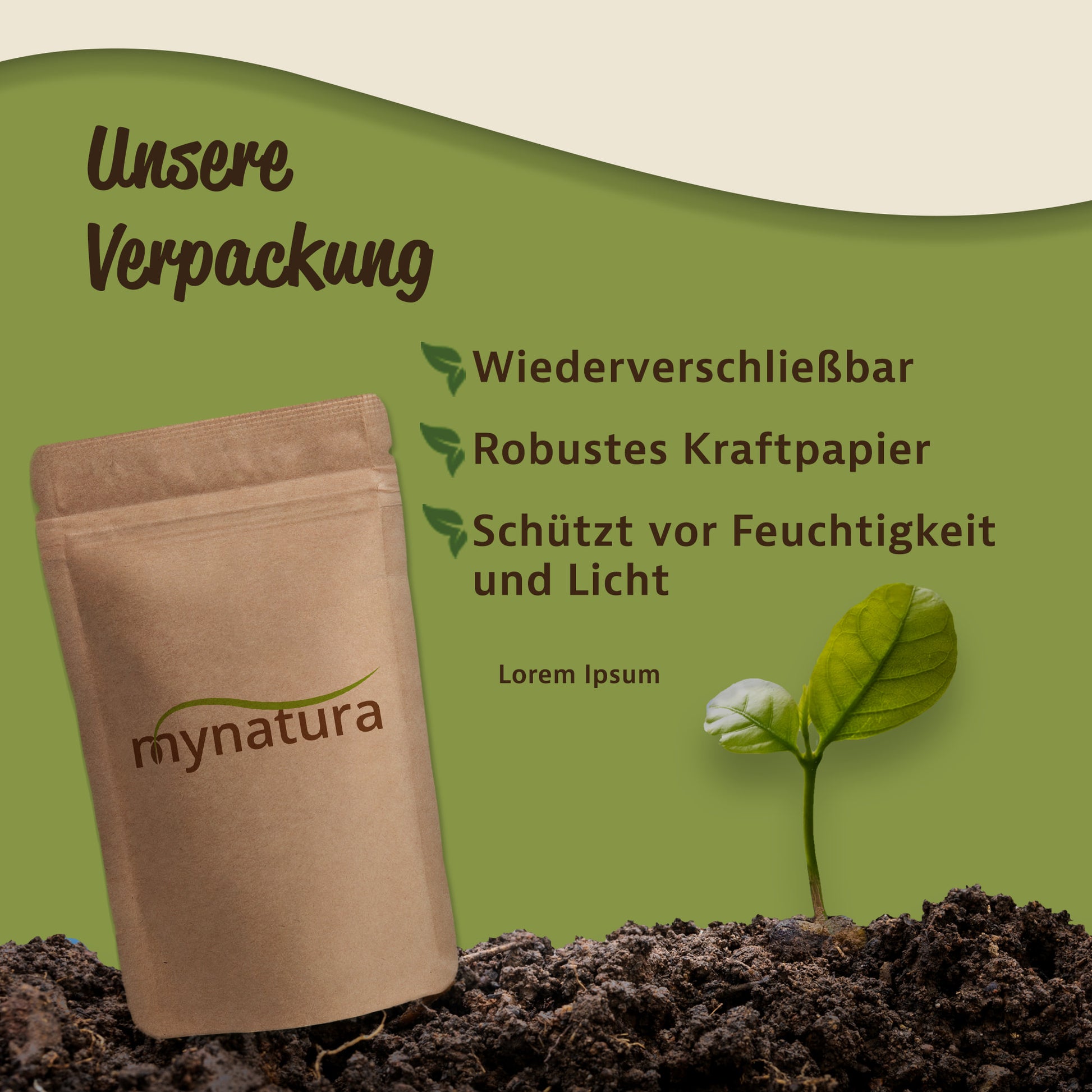 Wiederverschließbarer Kraftpapierbeutel für Kalmuswurzel, stehend auf Erde, daneben ein grüner Keimling, Text zu Verpackungsvorteilen.