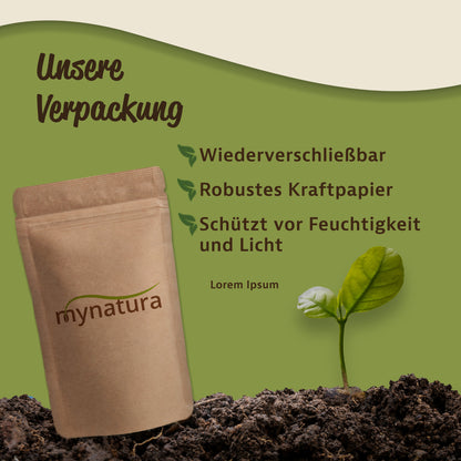 Wiederverschließbarer Kraftpapierbeutel für Kalmuswurzel, stehend auf Erde, daneben ein grüner Keimling, Text zu Verpackungsvorteilen.