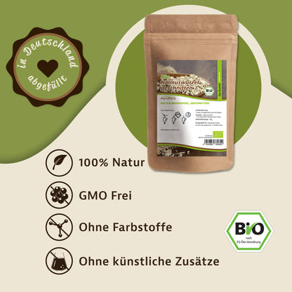 Beutel Bio Kalmuswurzel geschnitten, 100g, auf grün-beigem Hintergrund mit Icons zu natürlichen Eigenschaften des Wurzeltees.