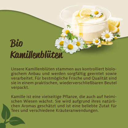 Grafik mit Kamillenblüten, Zitronenscheiben und Honig neben Text über Bio Kamillenblüten, getrocknet, ganz.