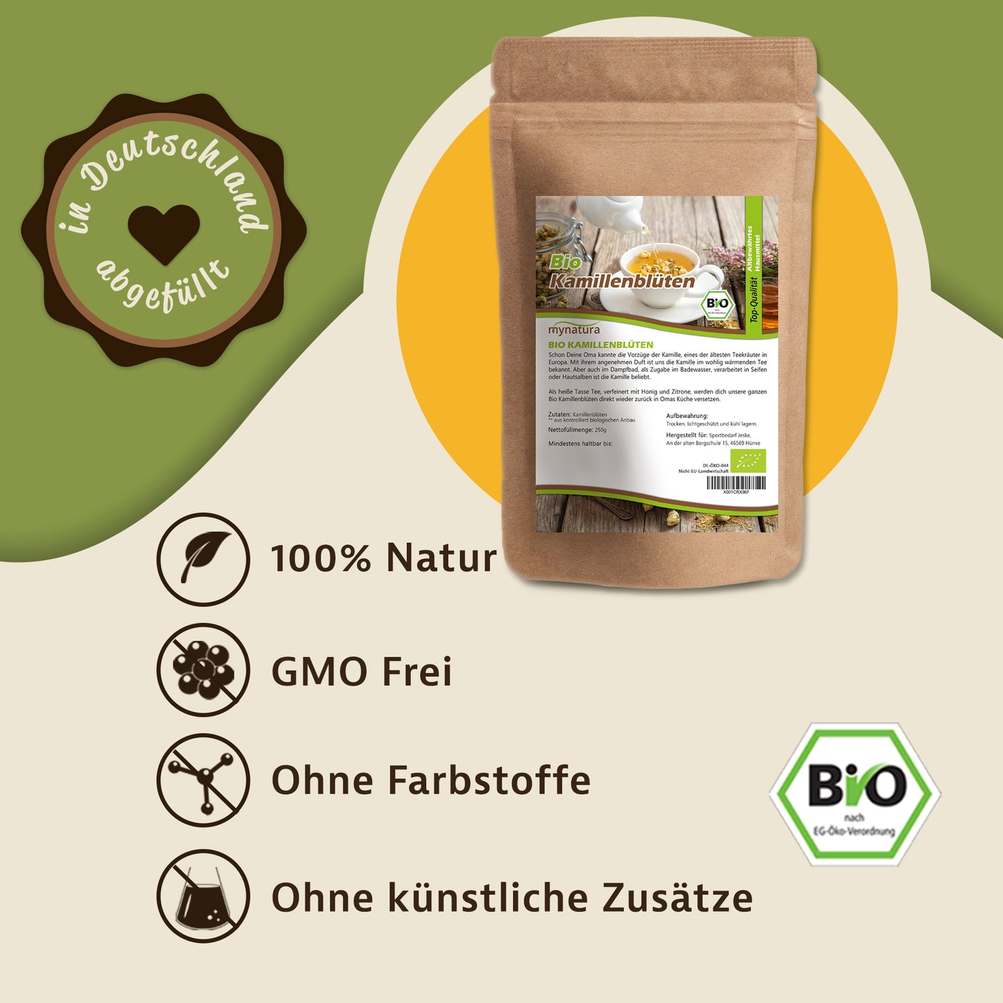 Produktabbildung des Beutels Mynatura Kamillenblüten, getrocknet, ganz 250g mit Icons für natürliche und zusatzfreie Kräuter.