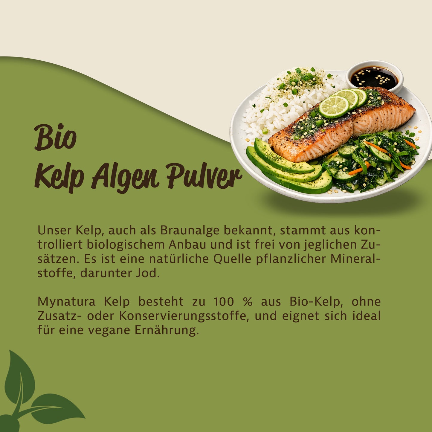 Teller mit Lachs, Reis, Avocado und Salat aus Algen neben Text zu Bio Kelp Algenpulver als natürliches superfood für kreative rezept.