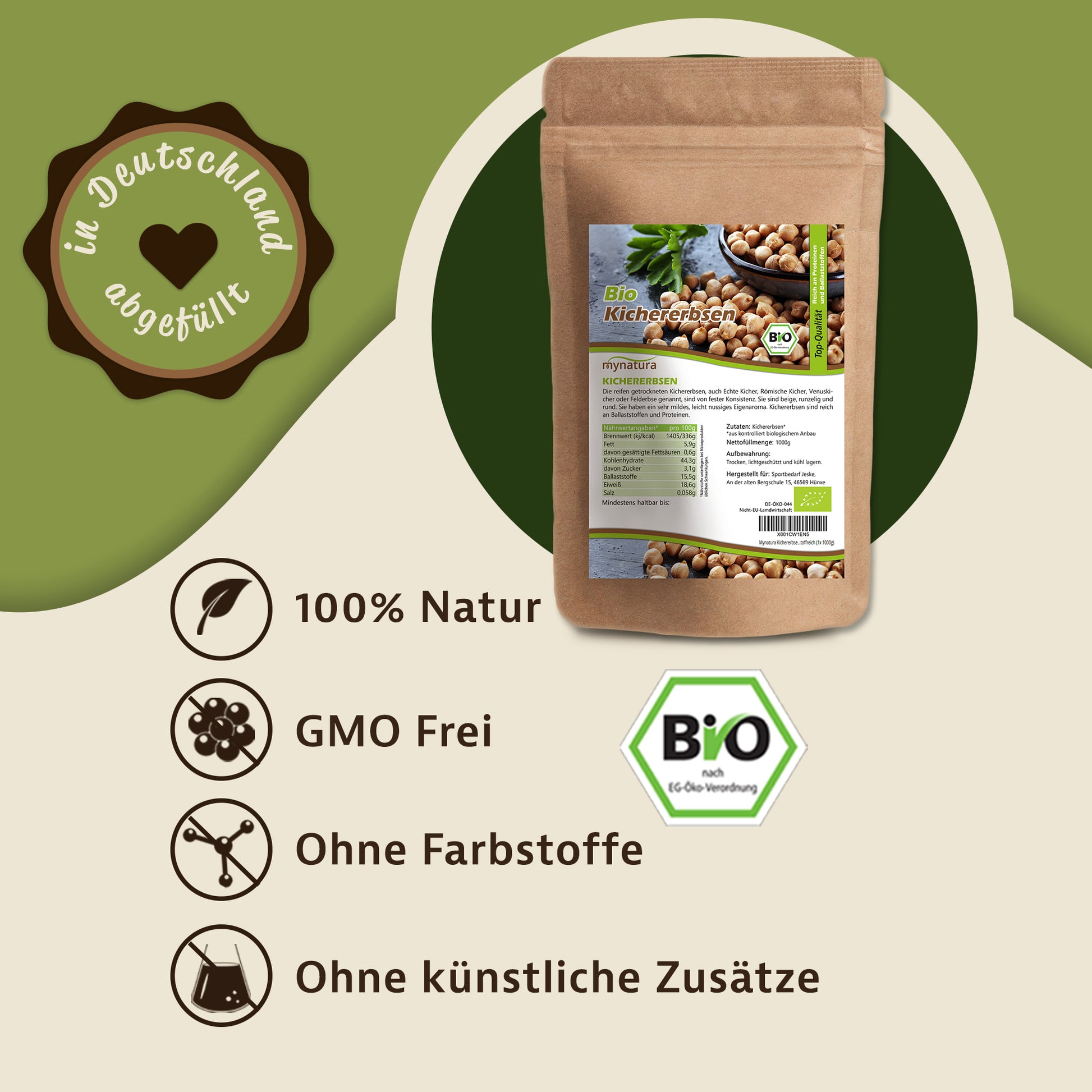 Beutel Mynatura Bio Kichererbsen auf grünem Hintergrund, daneben Icons zu 100% Natur, GMO-frei, ohne Farbstoffe und ohne künstliche Zusätze, geeignet als vegane Proteinquelle.