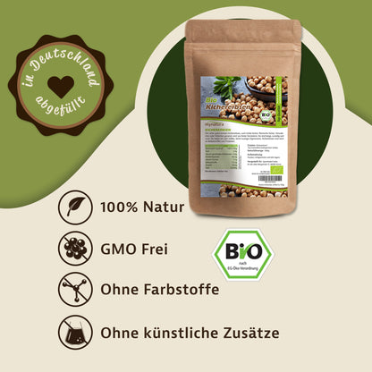 Beutel Mynatura Bio Kichererbsen auf grünem Hintergrund, daneben Icons zu 100% Natur, GMO-frei, ohne Farbstoffe und ohne künstliche Zusätze, geeignet als vegane Proteinquelle.