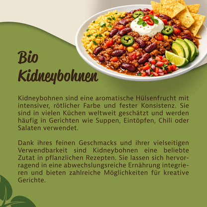 Teller mit Chili aus kidneybohnen, Reis, Limette, Nachos und Gemüse, daneben Text zur Verwendung der eiweißreichen hülsenfrucht.