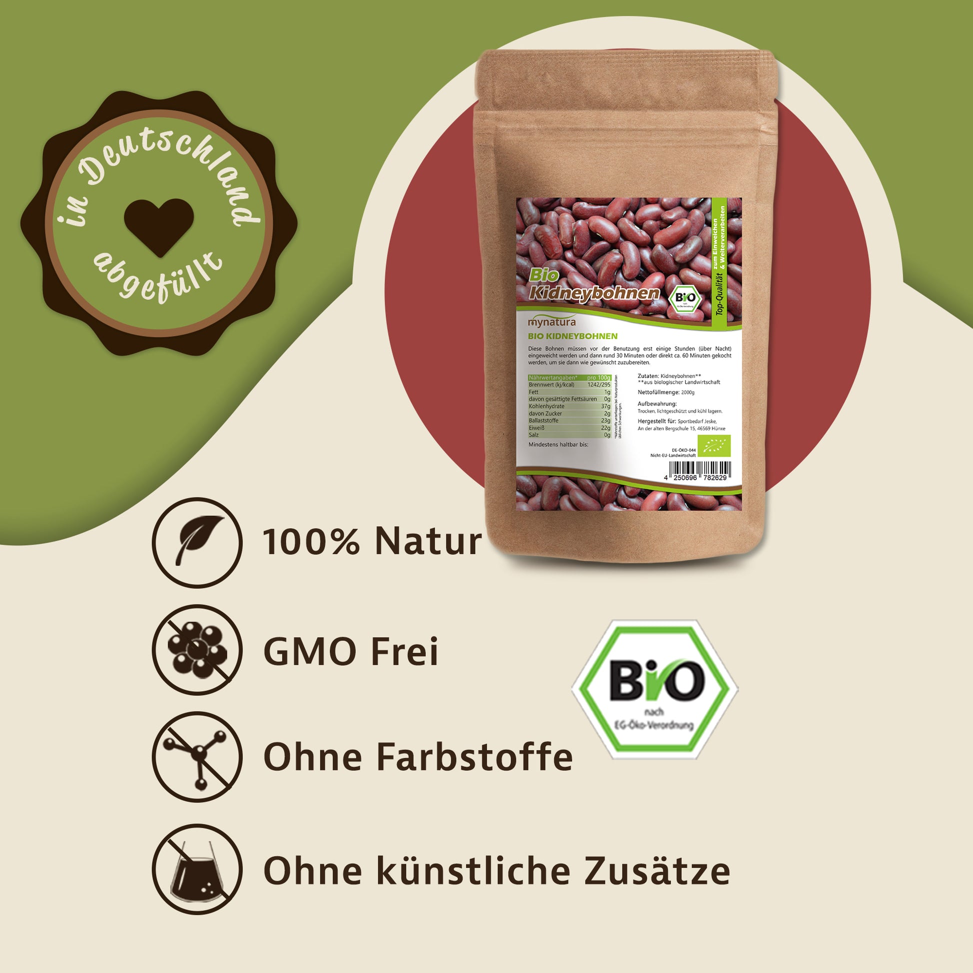 Bio Kidneybohnen im braunen Beutel, daneben Icons und Text zu vegan, ohne Farbstoffe und künstliche Zusätze auf grün-beigem Hintergrund.