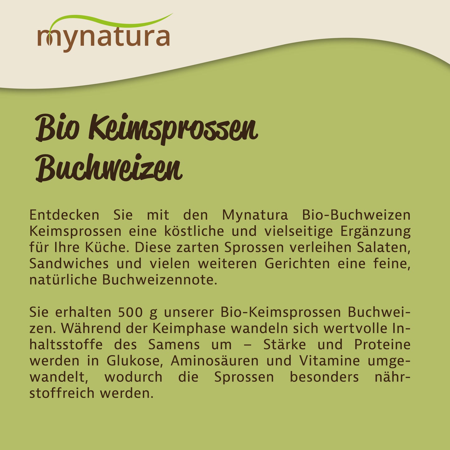 Infografik zur Produktbeschreibung Mynatura Bio Keimsprossen Buchweizen Gemüse mit Text auf grün-beigem Hintergrund.
