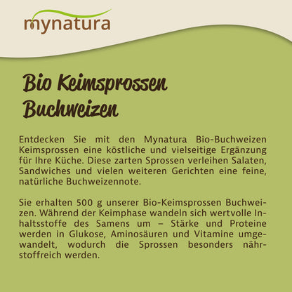 Infografik zur Produktbeschreibung Mynatura Bio Keimsprossen Buchweizen Gemüse mit Text auf grün-beigem Hintergrund.