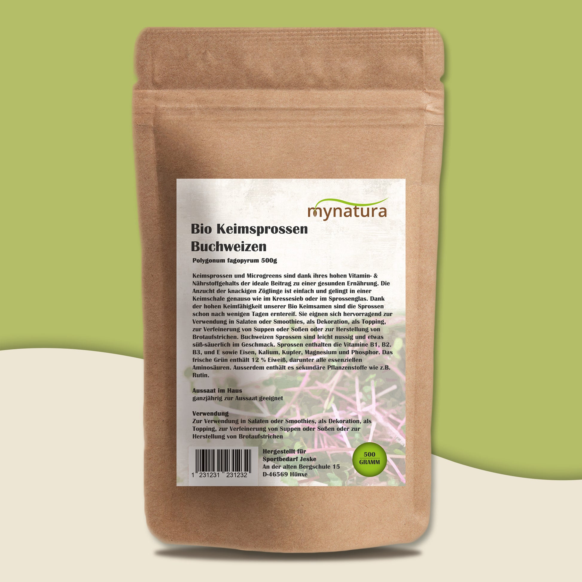 Rückseite der Verpackung Mynatura Bio Keimsprossen Buchweizen mit ausführlicher Produktbeschreibung und Zutatenliste.