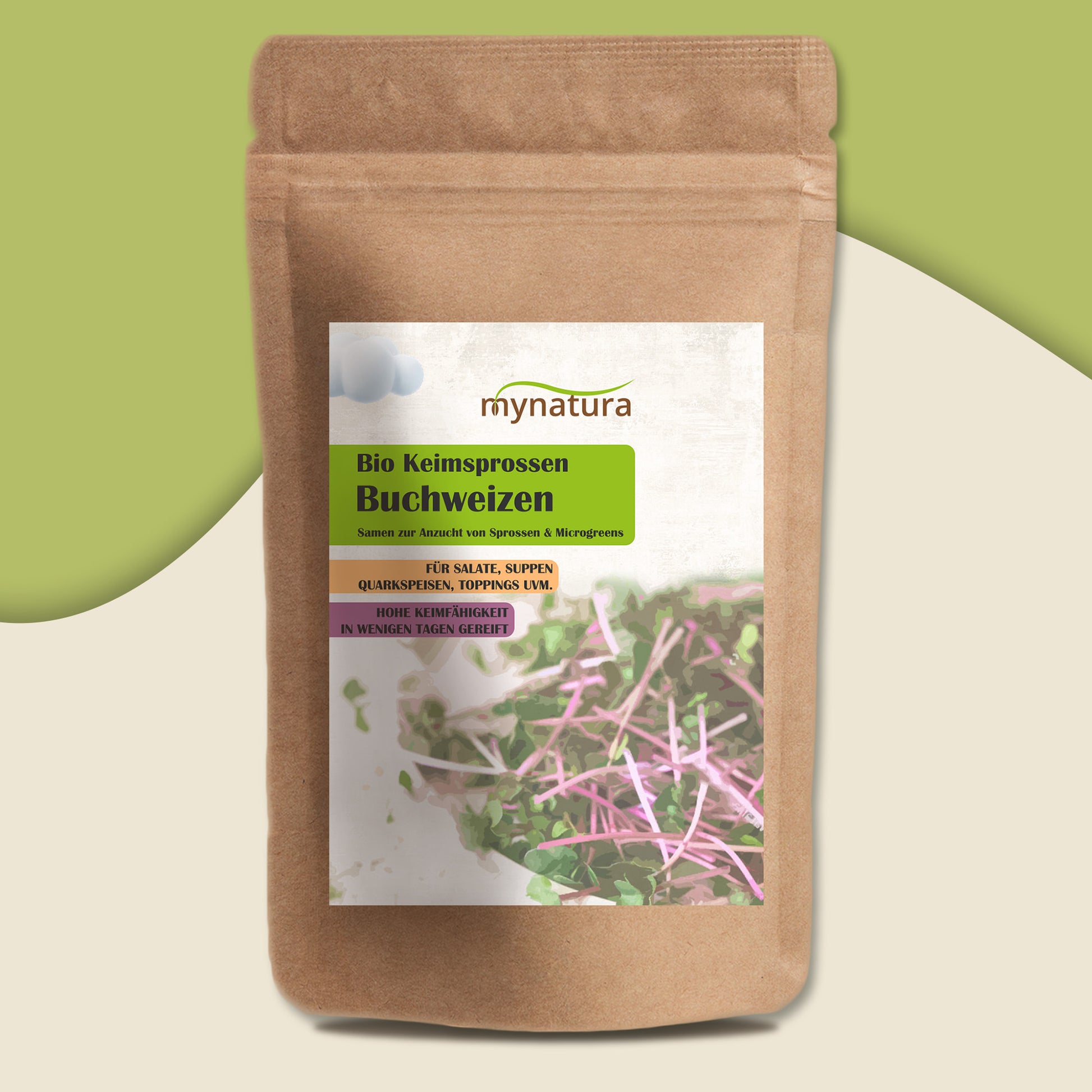 Beutel Mynatura Bio Keimsprossen Buchweizen 500g auf zweifarbigem Hintergrund, Vorderseite mit Etikett und Sprossenabbildung.